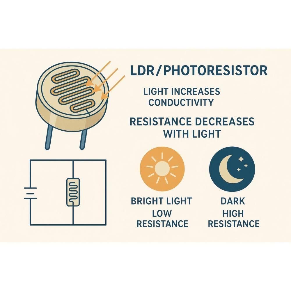 Working principle of LDR sensor showing resistance changes with light intensity